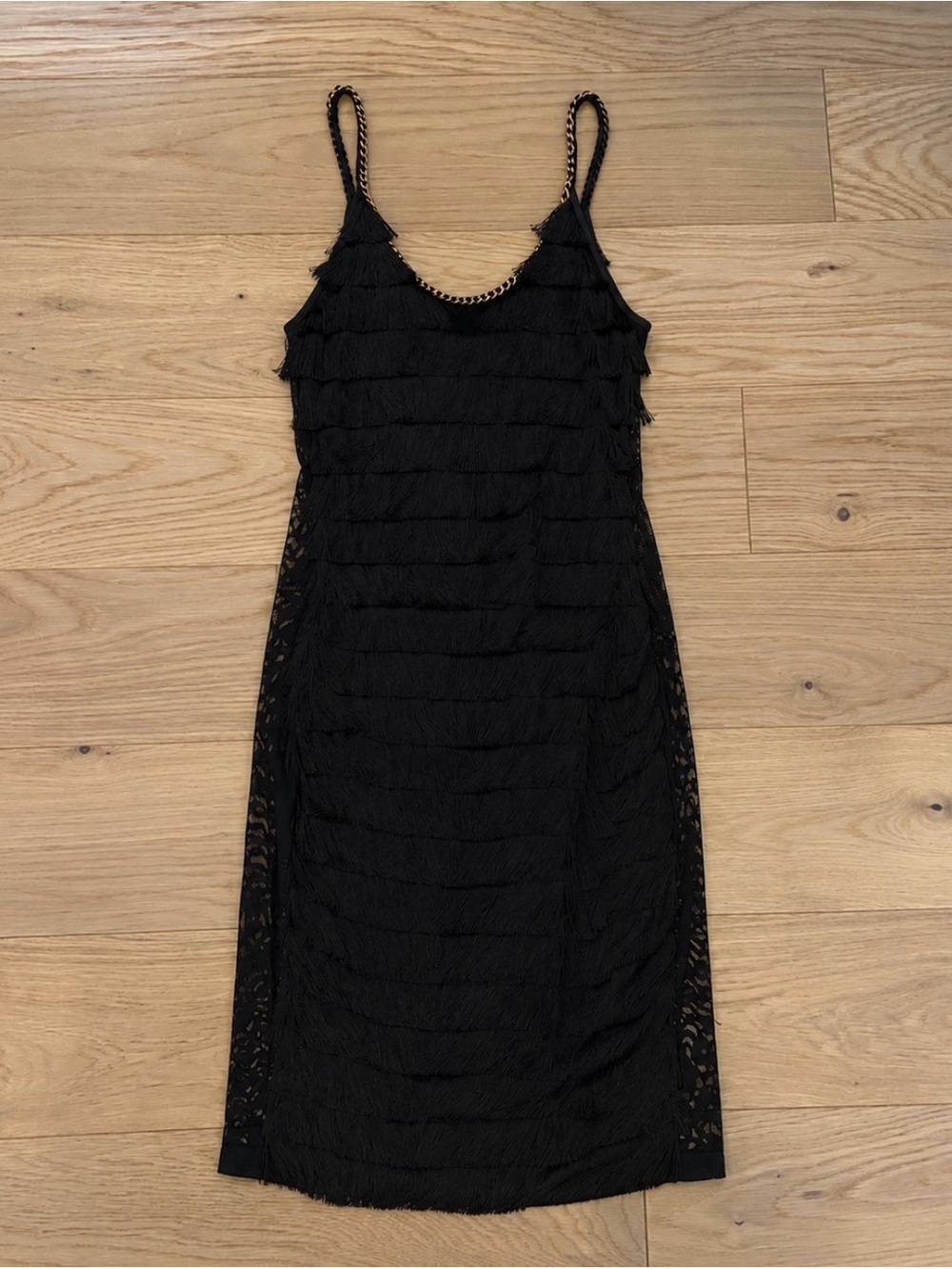 Black Melina Sleeveless Chain Trim Fringed Dress